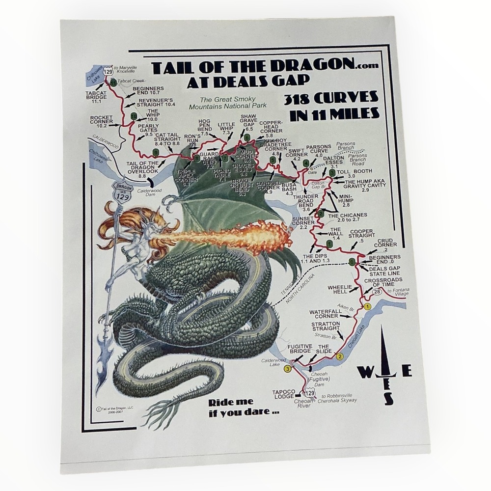 Tail of the Dragon at Deals Gap Map Poster Dragon Art US 129 2007
